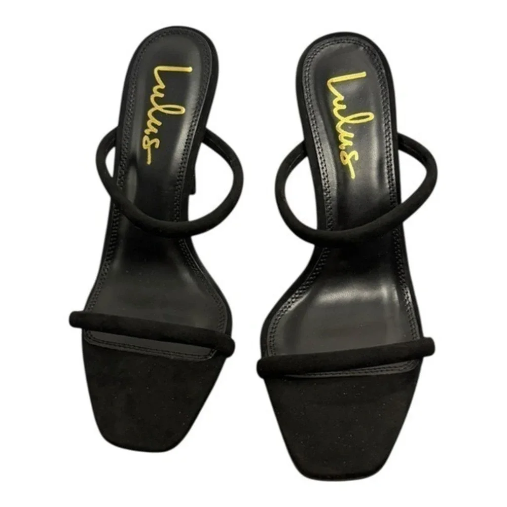 NIB‎ Lulus Theyaa Black Faux Suede Square Toe High Heel Sandals Size 8
